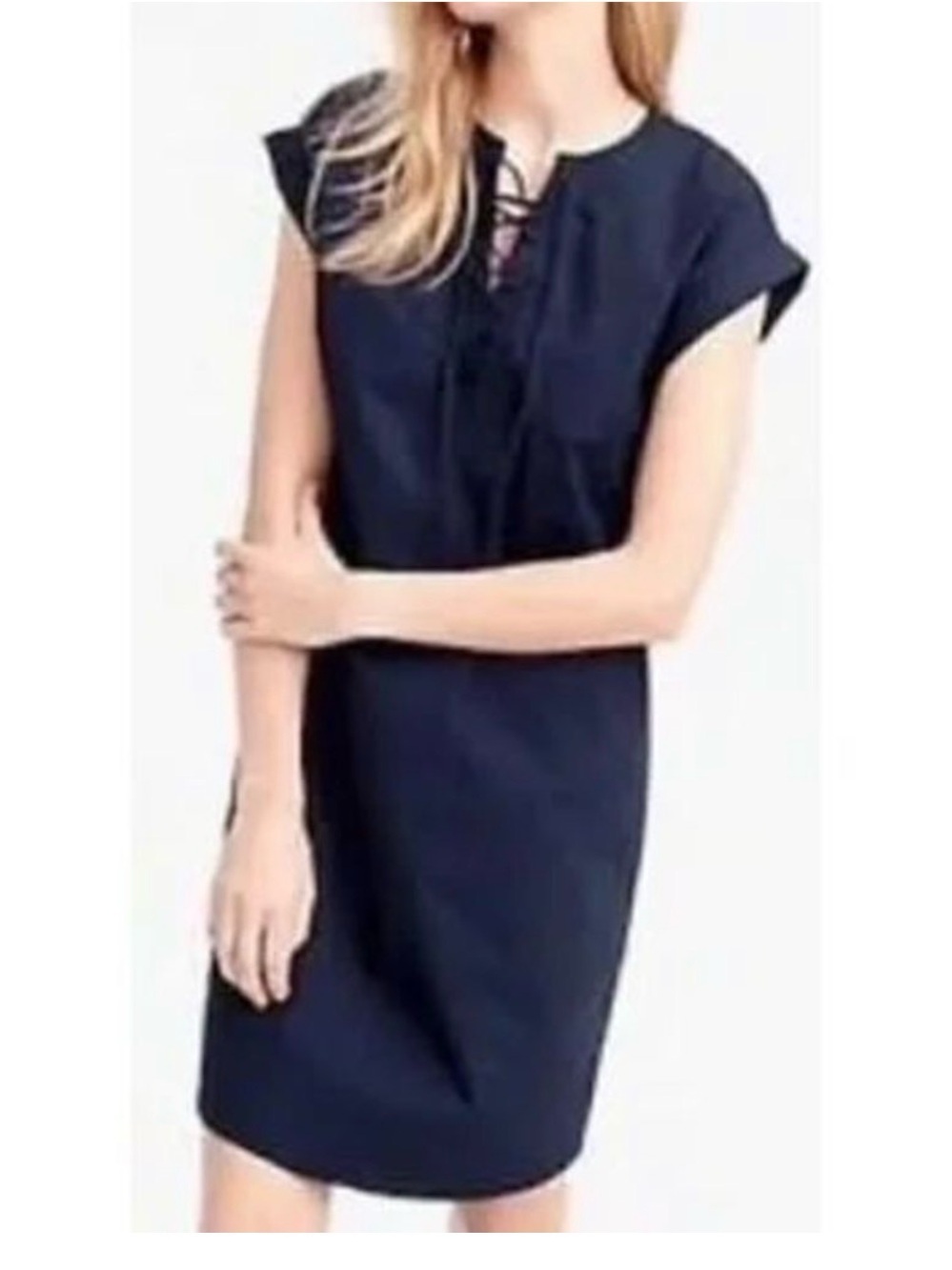 J.Crew Navy blue cotton lace-up shift dress featuring a distinctive laced V-neck